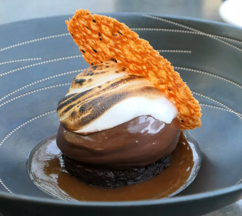 A plated dessert featuring chocolate, toasted meringue, and a crisp orange tuile garnish.