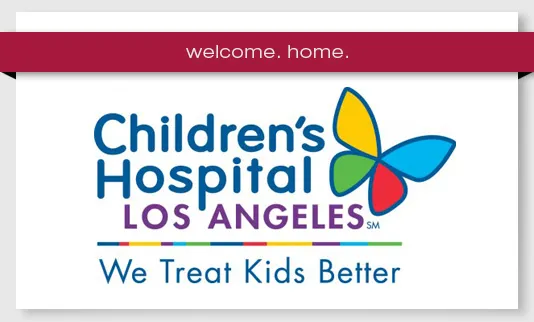Logo of Children's Hospital Los Angeles with a butterfly icon and the slogan "We Treat Kids Better."