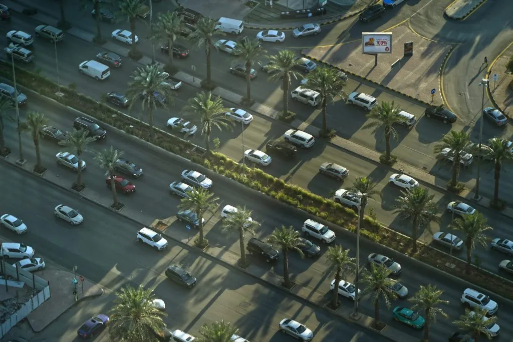 A busy urban street with palm-lined medians, heavy traffic, and sunlight casting long shadows.