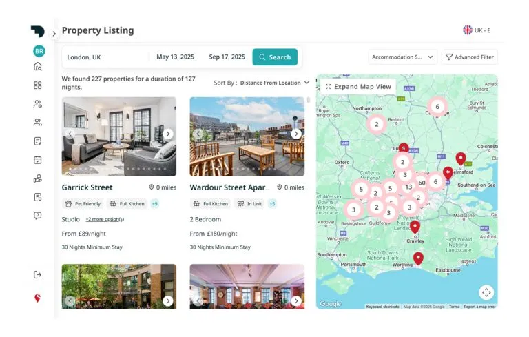 Property listing interface displaying rental options in London with a map view and search filters.