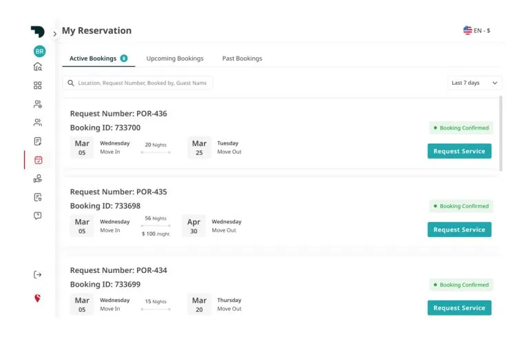 A reservation dashboard displays active bookings with details and service request options.