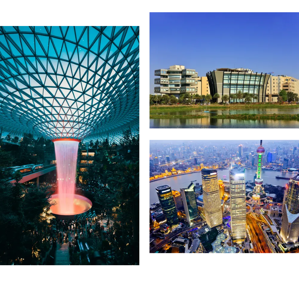 Futuristic architecture featuring a waterfall, a modern campus, and a vibrant city skyline at dusk.