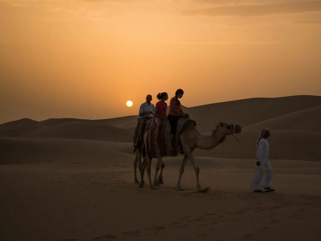 Camel ride at sunset in a vast desert, guided by a man in traditional attire.