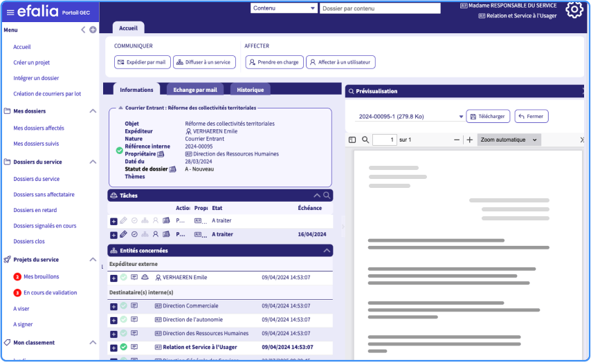 capture ecran logiciel efalia portal gestion de courriers tableau de bord