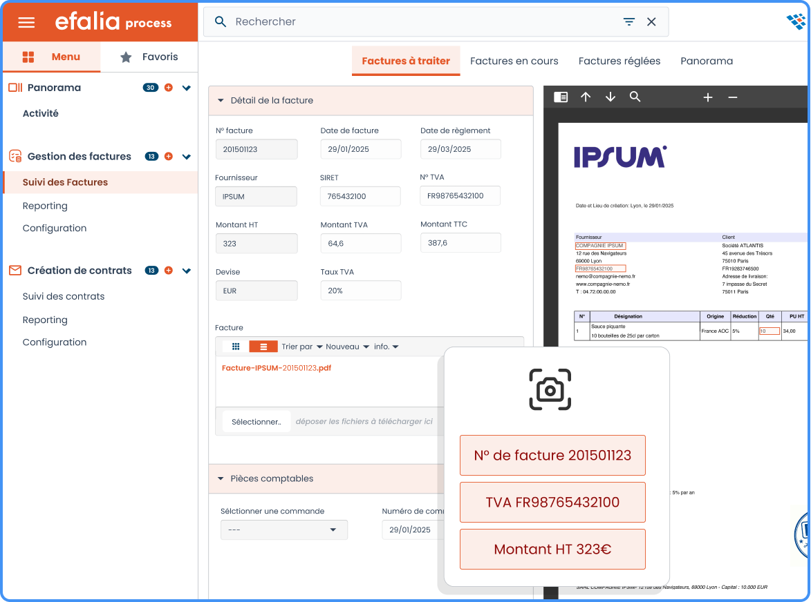 capture ecran logiciel bpm efalia process dematerialisation de facture principale