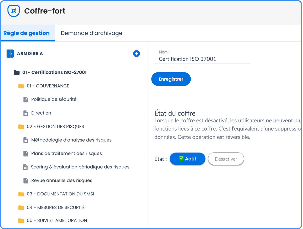 capture ecran logiciel coffre fort numerique efalia safe qualite principale