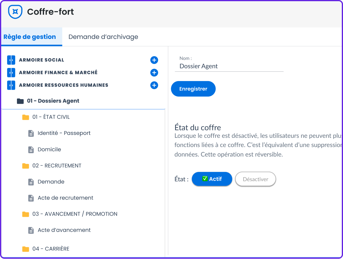 capture ecran logiciel coffre fort numerique efalia safe regle de gestion principale