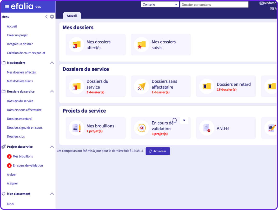 capture ecran logiciel efalia portal gestion de courrier tableau de bord principale