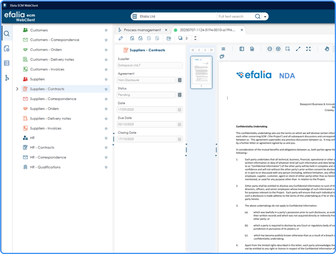 screenshot of efalia ecm main cross-functional electronic document management software
