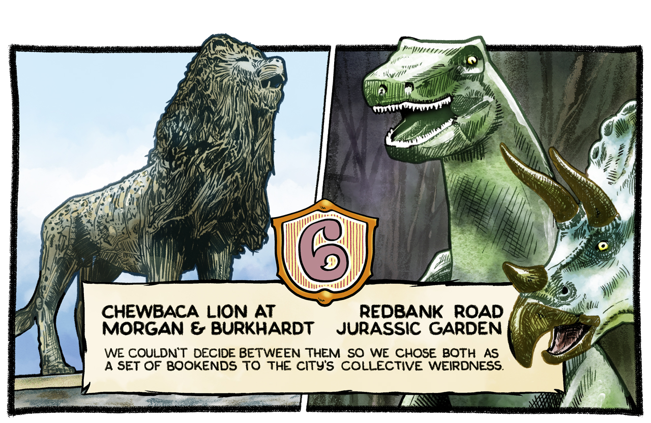 Illustration of the Morgan Ave Lion and Red Bank Road Dinosaurs with hand lettered text
