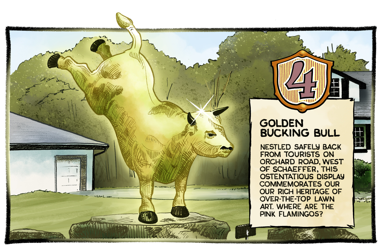 Illustration of the Golden Bucking Bull with hand lettered text