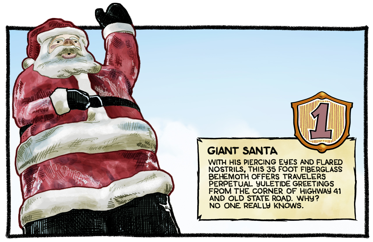 Illustration of the giant Santa with hand lettered text