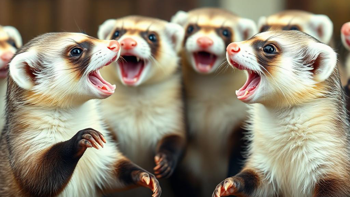 AI Generated image of a group of identical ferrets engaged in a heated debate