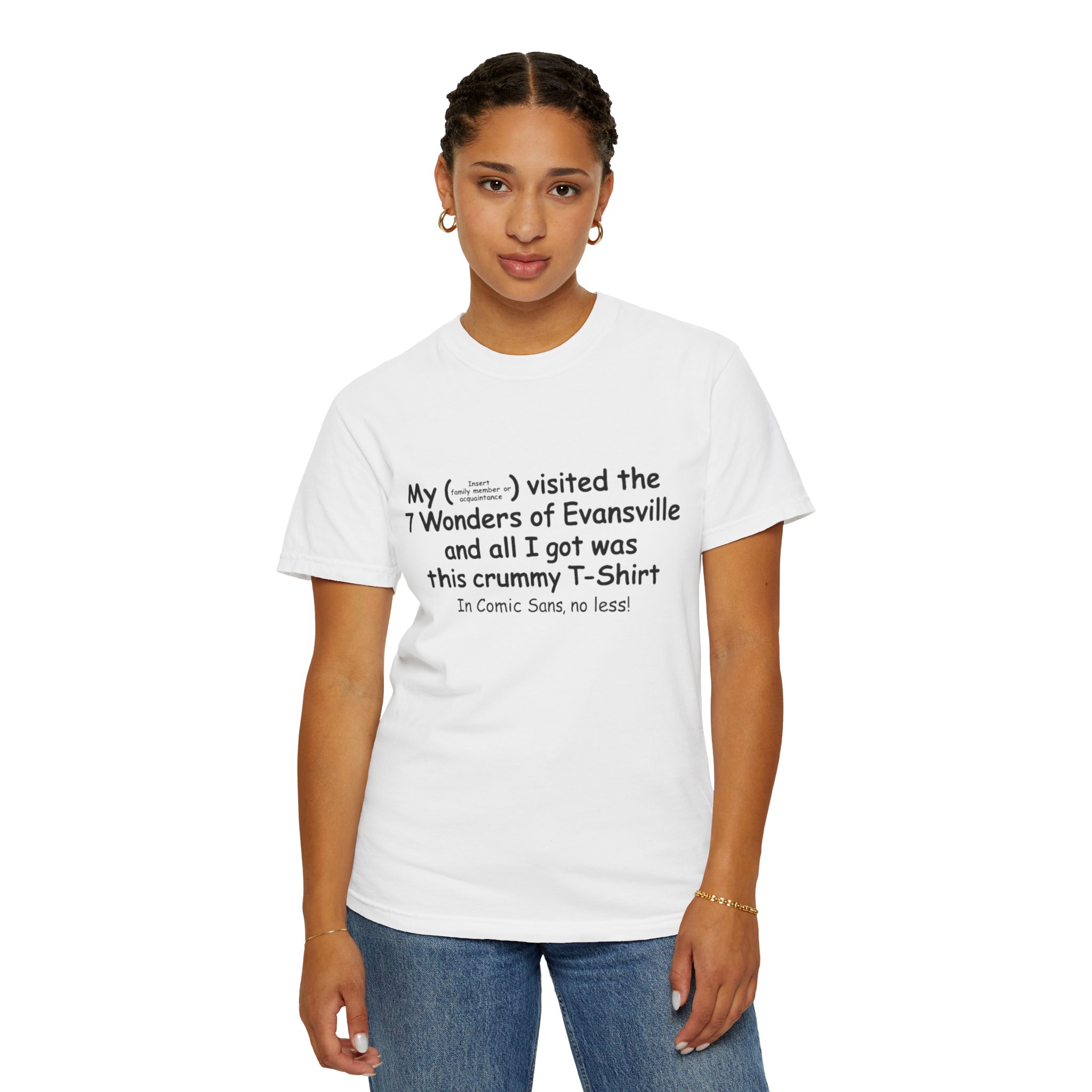 Photo of under-whelmed woman wearing a crummy T-shirt