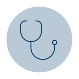 A blue outline of a stethoscope icon with a round diaphragm.
