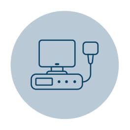 A simple line art icon of a computer monitor connected to a device with a cable.