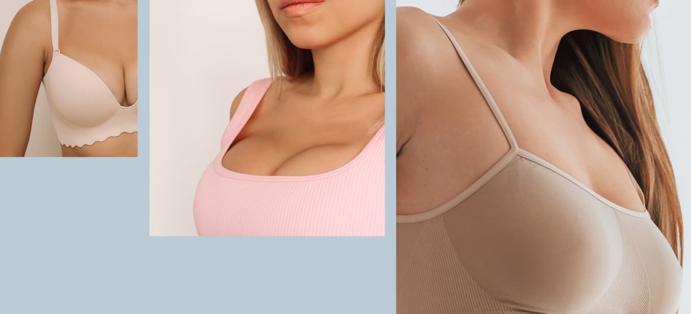 Three bra designs displayed on models, showcasing different styles. The left bra is a scalloped-edge design in a light beige color. The center bra is a pink ribbed style, while the right bra is a smooth beige design with subtle shaping features.
