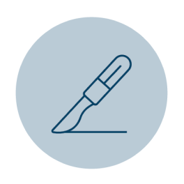 A simple outline of a scalpel icon with a straight blade and a handle, appearing in blue.