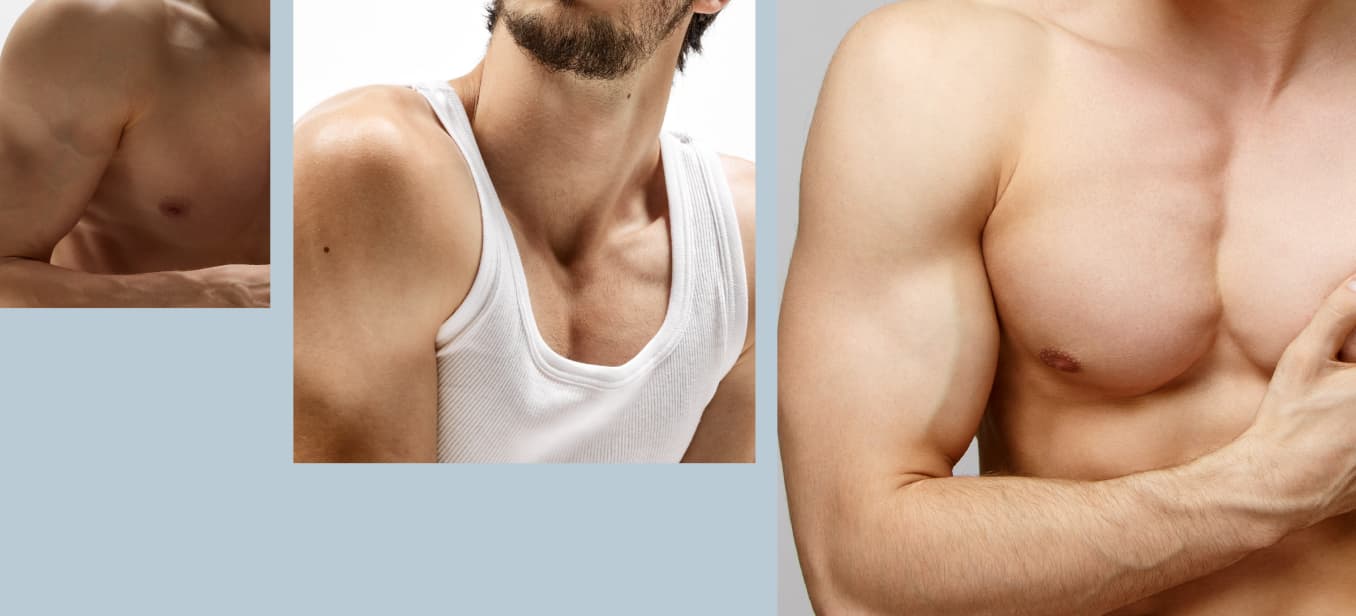 Three images of male upper bodies showcasing muscular arms. The first image features a close-up of a toned arm. The second image shows a man wearing a white tank top, highlighting his shoulder and neck area.