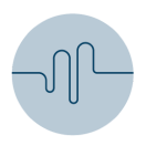 A blue circular icon featuring a stylized wave or sound waveform design in the center.