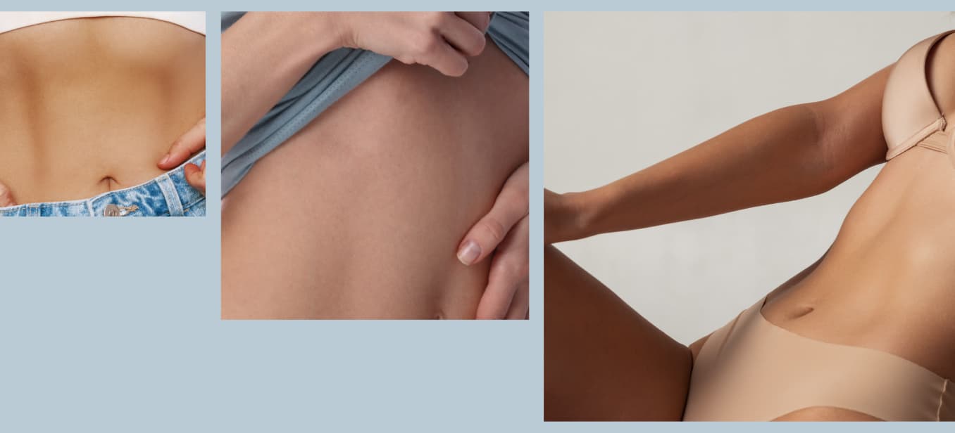 Three images of bare midriffs. The first shows a person holding their stomach while wearing a denim outfit. The second depicts a person lifting a gray shirt to reveal their abdomen. The third features a close-up of a person in a nude-colored bikini.