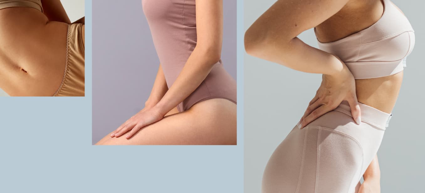 A collection of three images featuring a model in skin-tone activewear. The first image shows the model's side with a hint of a garment. The second image focuses on the model sitting with one hand on her hip, highlighting the smooth fabric.