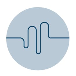 A blue line graph depicting a fluctuating wave pattern within a circular outline.