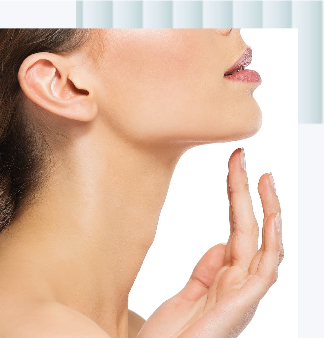 A close-up profile of a woman's face showing her jawline and neck, with her hand gently touching her chin.