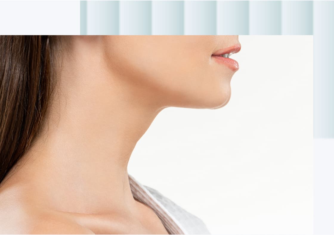 A close-up profile of a woman's face showing her neck and lips, with smooth skin and natural makeup.