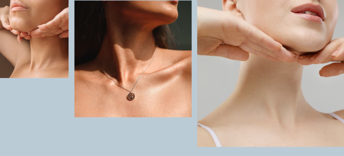 Three close-up images of women showcasing their necks and jewelry. The first image features a woman with a smooth neck and a subtle expression, wearing a thin necklace with a round pendant. The second image shows a woman with long hair, raising her chin.
