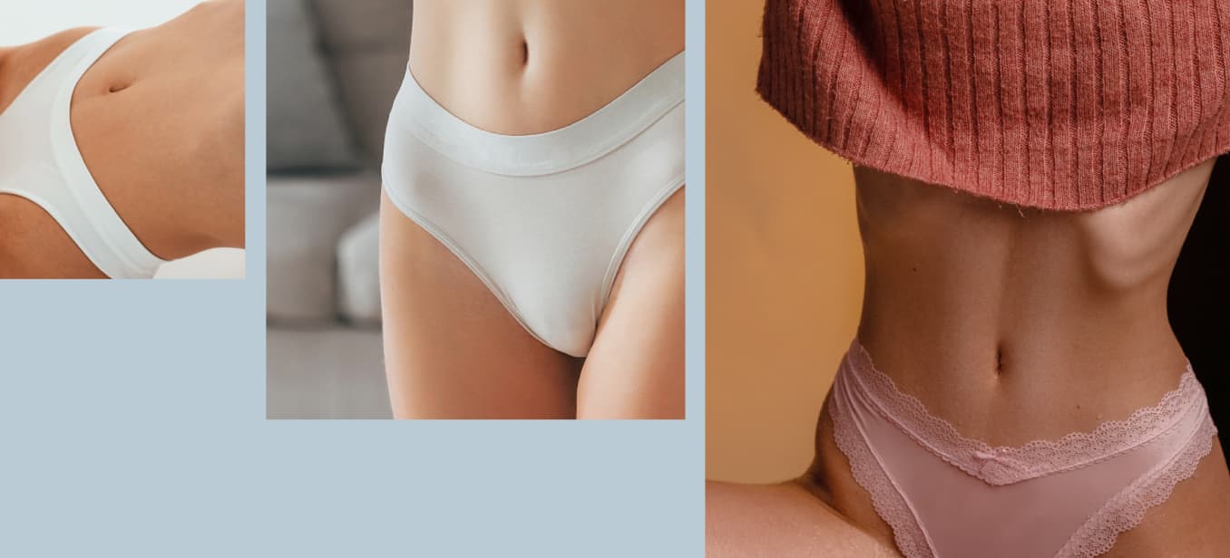 An arrangement of three images featuring women's underwear. The left image shows a white bralette, the center image displays a light-colored panty, and the right image presents a close-up of a model wearing a lacy thong, all showcasing different styles of.