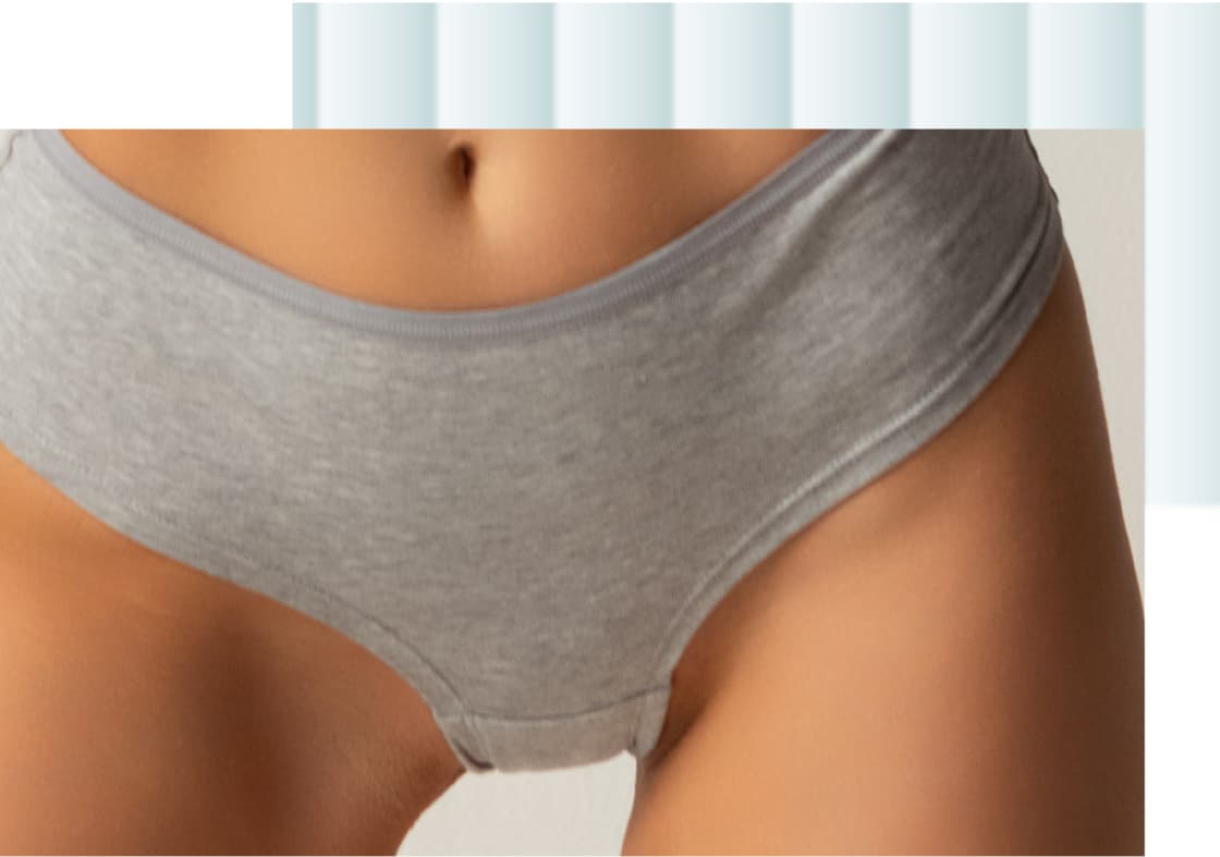 A close-up view of a model wearing light gray underwear, highlighting the fabric and design.