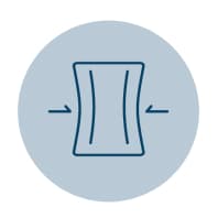 A blue circular icon featuring a stylized, abstract representation of a flexible object with two arrows indicating a compressing action.