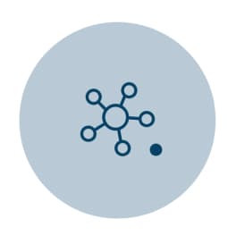 A blue circular icon featuring a central node connected to five smaller nodes in a network-like structure.