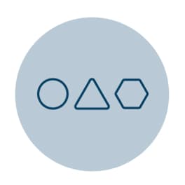 A sequence of three outlined geometric shapes: a circle, a triangle, and a hexagon, all in a dark blue color.