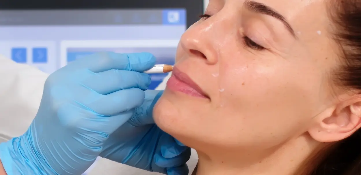 A person with light skin receiving a cosmetic treatment on their lips. The clinician is applying a product with a small applicator while the patient has a relaxed expression.