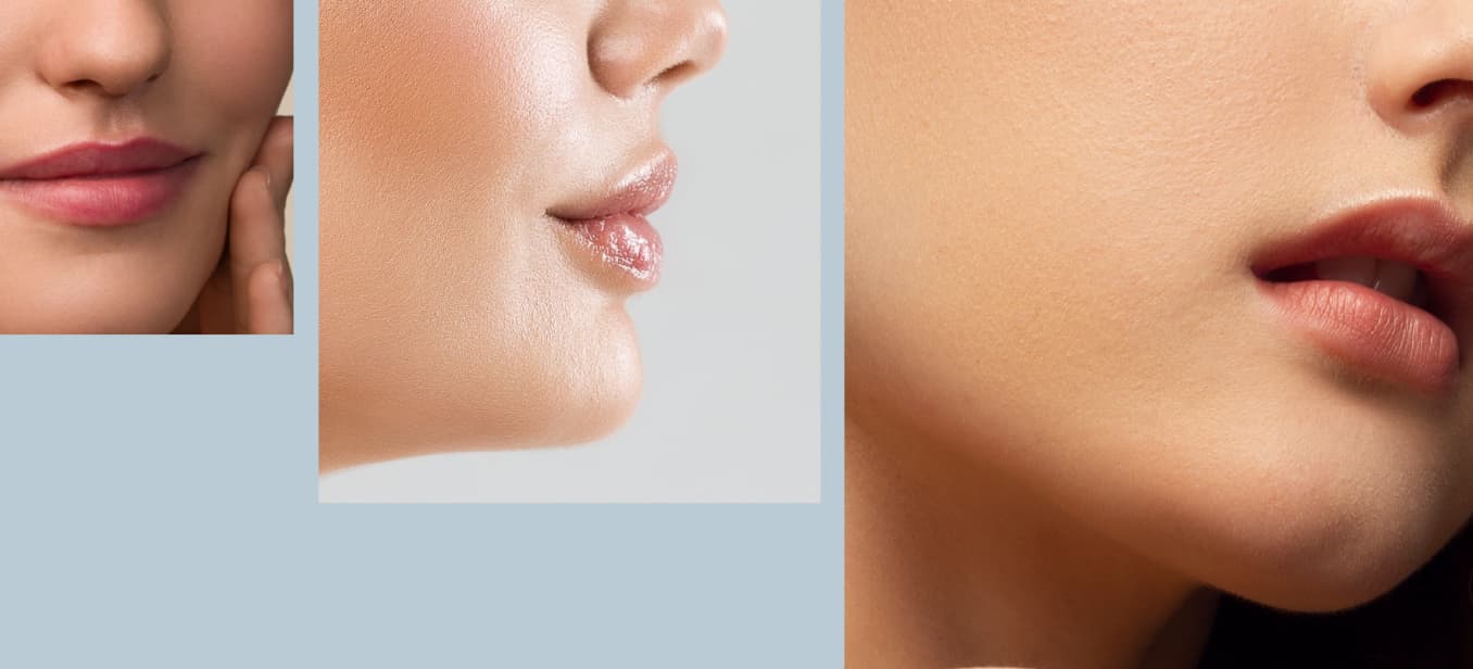 A close-up view of three female lips showing various shades of lip color and texture. The first image features a soft pink hue, the second showcases a glossy finish, and the third displays a natural nude shade.