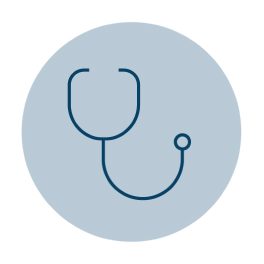A dark blue outline of a stethoscope icon, depicting the acoustic tube and chest piece.