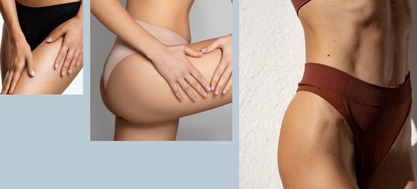 A close-up view of a person wearing black underwear, another wearing nude-colored underwear, and a third person in rust-colored high-waisted underwear, all showcasing different styles and fits, with hands positioned on the thighs and hips.