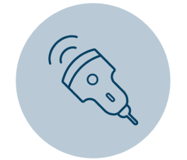 A blue outline of an electric hair clipper with sound waves emanating from the top.