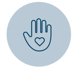 A line-drawn outline of a hand with an embedded heart symbol in the palm, representing care or kindness.