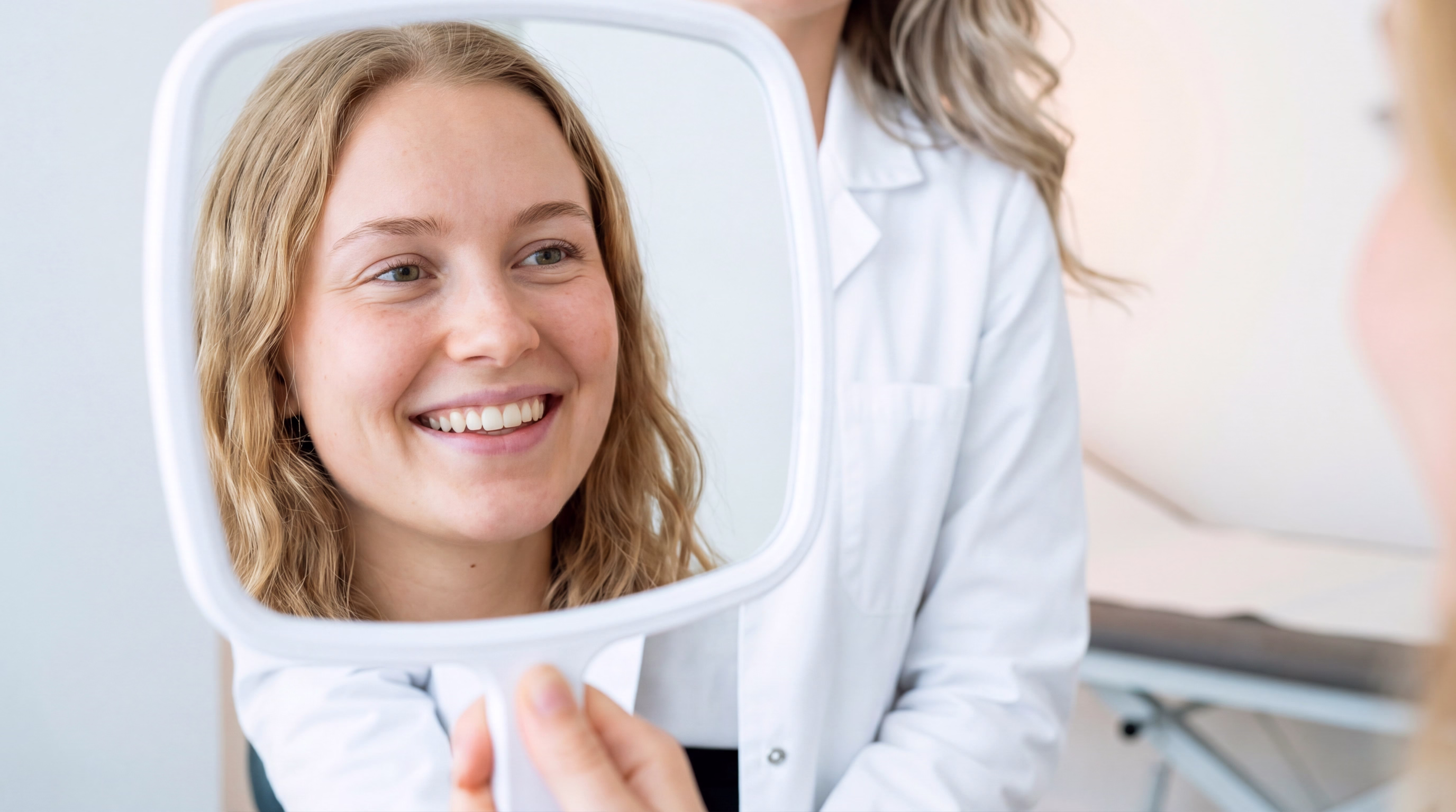 A smiling young woman looking at her reflection in a handheld mirror held by another person, both dressed in white lab coats.