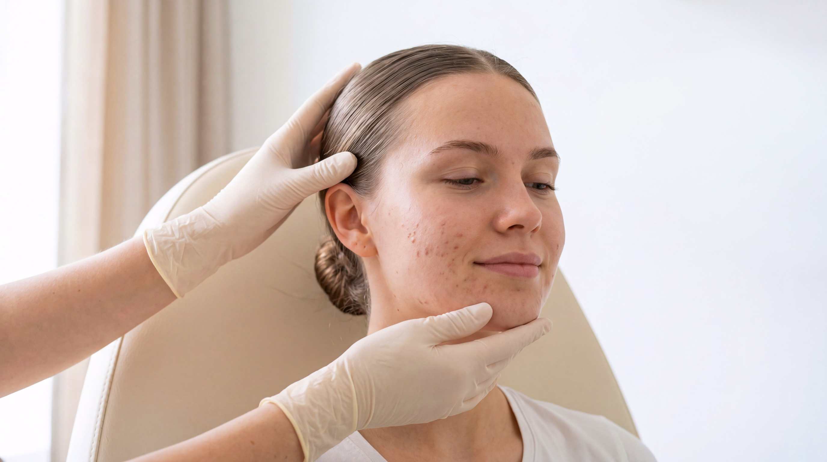 A person with a smooth complexion and slight acne on their cheeks is smiling while a hand in a medical glove gently holds their chin, suggesting a skin treatment or consultation.
