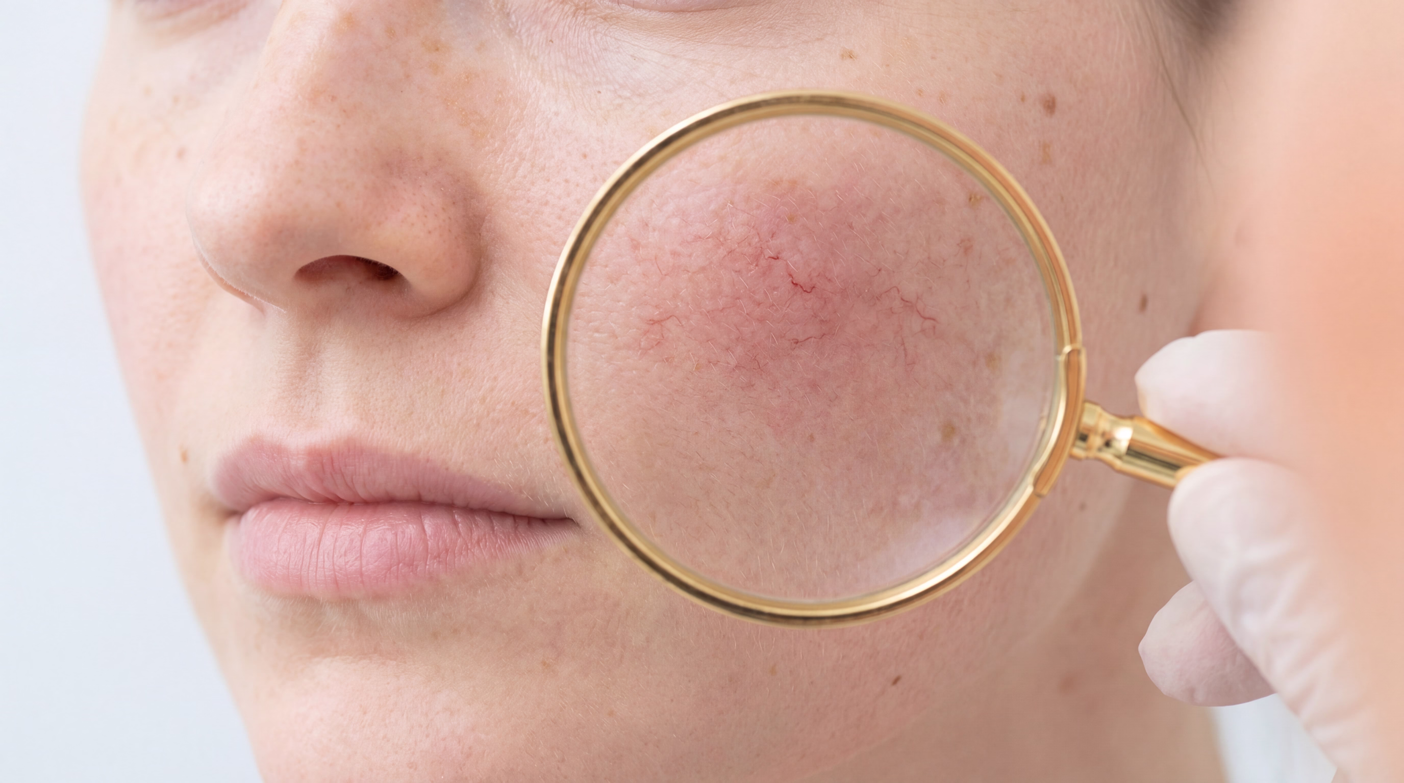 A close-up of a woman's face with a magnifying glass showing red, visible veins on her cheek.