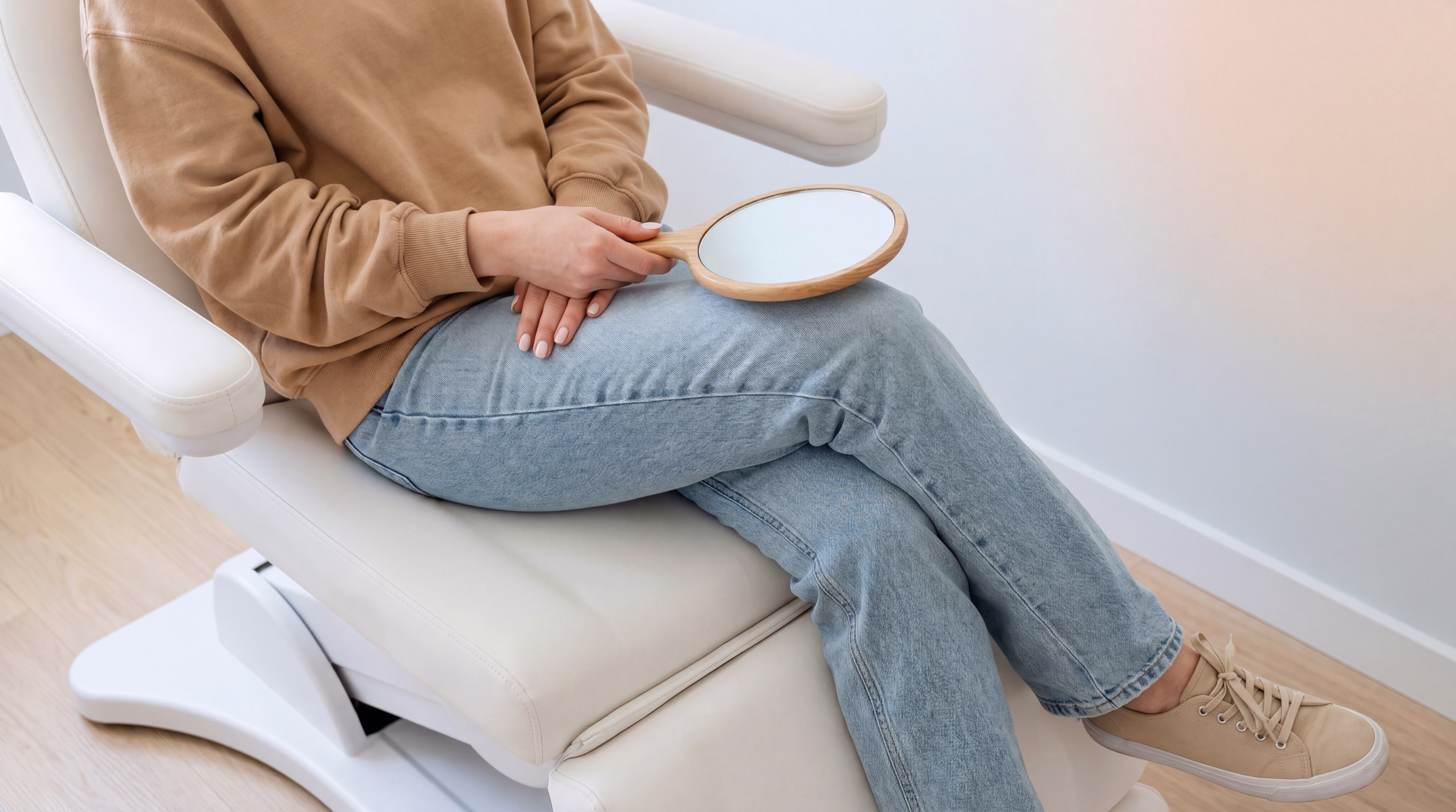 A person sitting on a treatment chair, holding a round wooden-handled mirror in their lap, wearing a beige sweater and light blue jeans.