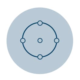 A circular outline with four evenly spaced dots on the circumference and a small dot in the center.
