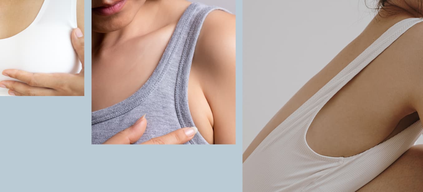 A close-up of a woman's hand touching the side of a gray tank top, showing the texture of the fabric and the neckline. Another close-up features a woman wearing a white tank top with a plunging back, highlighting the smooth fabric and fit around the.