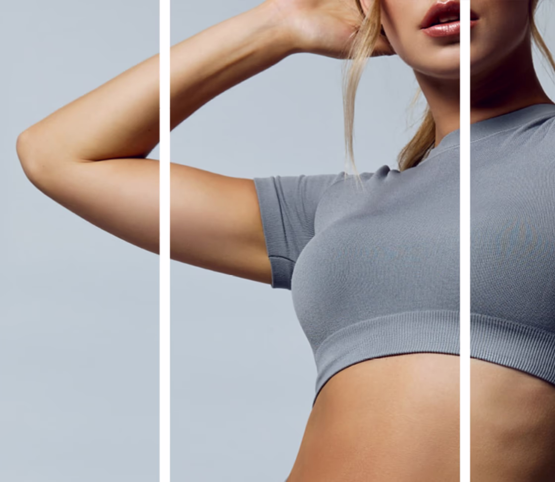 A close-up image of a woman with a neutral expression touching her hair, wearing a light gray crop top that exposes part of her midriff and arms. The image is divided into three vertical sections.