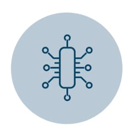 A stylized blue microchip icon with connections extending outward from a central rectangular shape.