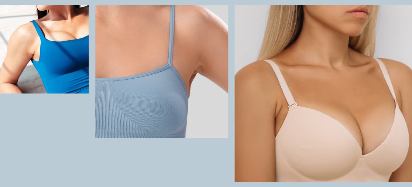 A collage featuring three women wearing tank tops in various colors. The left side shows a woman in a blue tank top, the center features a woman in a light blue ribbed tank top, and the right side displays a woman in a nude-colored padded bra with.